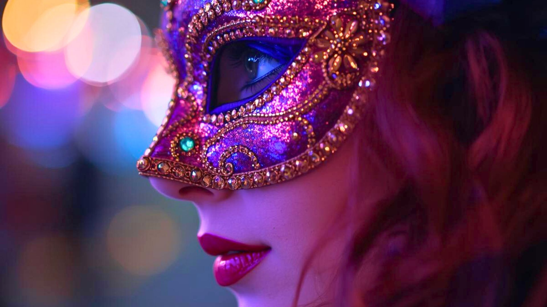 Frau mit eleganter Karnevalsmaske in farbigem Abendlicht – Karnevalsball-Atmosphäre.